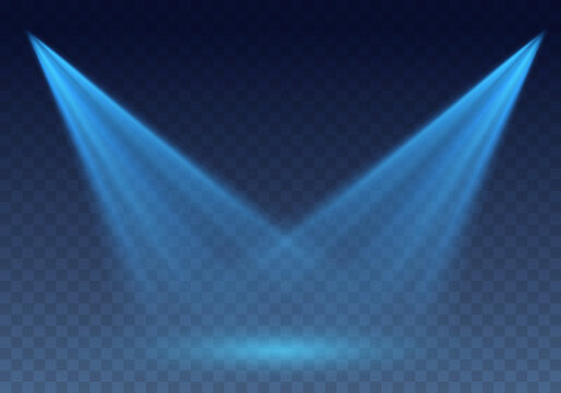 Blue scanner or laser effect. Glowing stage light rays isolated on transparent background. Vector bright scene spotlight projector beams