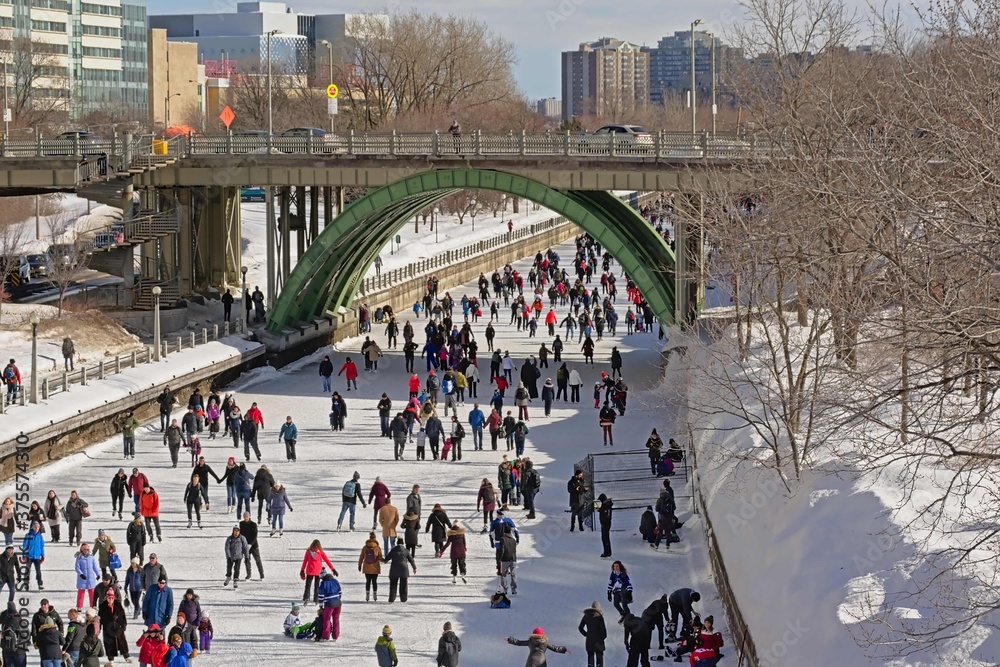 Many people ice skating on the frozen rideau canal on a cold winter day ...