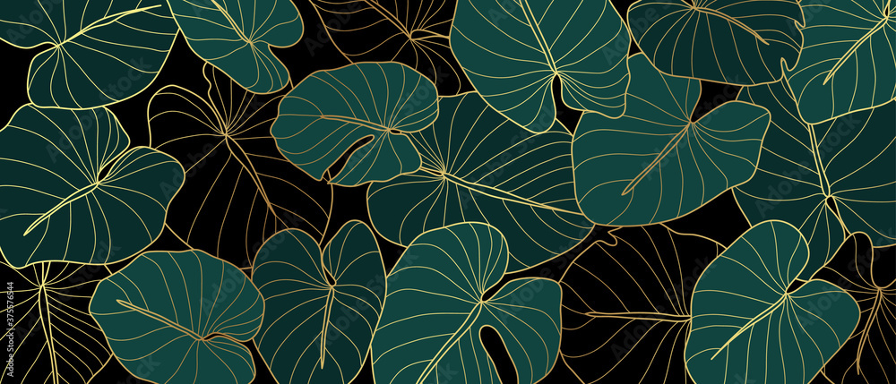Vektor Luxury golden art deco wallpaper. Nature background vector. Floral  pattern with golden split-leaf Philodendron plant with monstera plant line  art on green emerald color background ve slub Stock | Adobe Stock