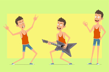 Wall Mural - Cartoon flat funny man character in singlet and shorts. Boy playing guitar and showing rock and roll, okay sign. On yellow background.