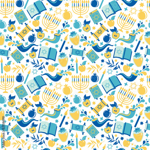 Cuadros en Lienzo Yom Kippur seamless pattern with candles, apples and shofar and sybols