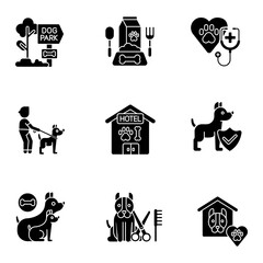 Wall Mural - Animal care business black glyph icons set on white space. Professional assistance for pet owners. Dog healthcare, nutrition and daycare services silhouette symbols. Vector isolated illustrations