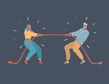Vector Illustration Of Tug Of War People On Dark Background. Man And Woman With Rope.