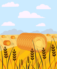 Wall Mural - Countryside landscape with haystacks on fields. Rural area landscape. Hay bales.