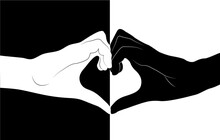Black And White Hands In The Form Of Heart Shape.