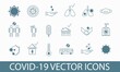 © Alisa - Set of Coronavirus covid-19 vector icons depicting pandemic bacteria, social distancing, medical face mask, house as a symbol of isolation, hand shaking, lungs infected by virus, hand disinfection.