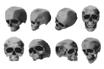 Collection vector silhouettes of human skulls in engraving monochrome line style. Isolated on white background. Design element for print, card, cover, poster.