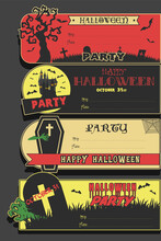 Halloween Party Invitation Templates, Holiday Set, Traditional Halloween Objects - Cemetery, Castle, Coffin, Dead Trees, Bats 