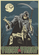 Grim Reaper And Haunted Mansion Halloween Poster, Postcard, Greeting Card Template, House With The Ghosts, Night Scene