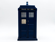 Police Call Box In Front Of White Background. Tardis From Doctor Who.
