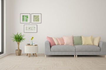 White living room with sofa. Scandinavian interior design. 3D illustration