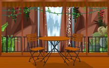 Wood Table And Chair In Indoor Cafe And Restaurant With Waterfall Background