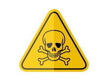 Isolated Skull And Crossbones, Common Hazards Symbols On Yellow Round Triangle Board Warning Sign For Icon, Label, Logo Or Package Industry Etc. Flat Paperwork  Style Vector Design.