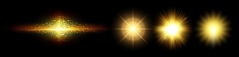 Poster - Golden line and sunburst with light effects. Isolated on black background. Bursting rays sunrise firework starburst blast burst sunset starlight ray radiant spark.  Vector yellow shimmer ray.
