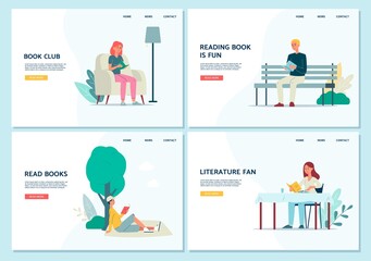 Set of web banners for reading club and literature fans vector illustration.