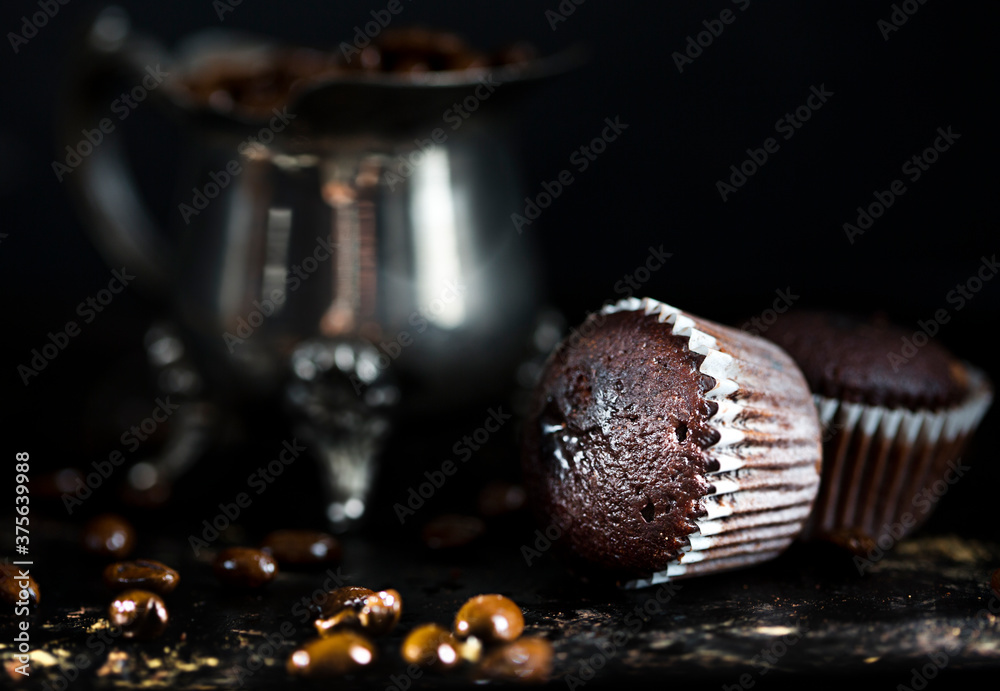 tasty chocolate brownie cupcake on dark background - obrazy, fototapety, plakaty 