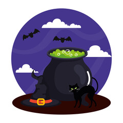 Sticker - happy halloween banner with cauldron, hat witch and cat vector illustration design