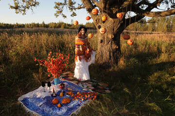 Celebration of Halloween in russian forest. Witch, Halloween costume. Halloween picnic. Holiday decor, decoration with carved pumpkins, jack-o'-lanterns. Mystical party