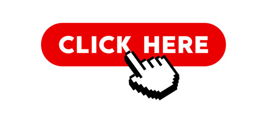 Poster - click here button with hand pixel icon. vector icon