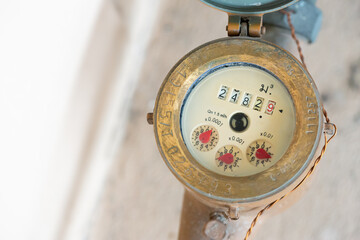 Close up water meter with copy space.