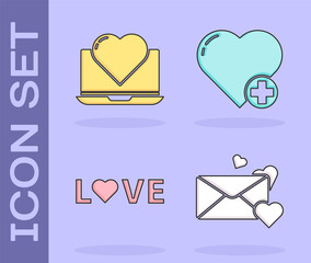 Set Envelope with heart, Laptop with heart, Love text and Heart icon. Vector.