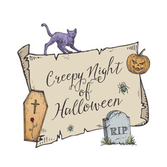 Wall Mural - happy halloween trick or treat vector banner template. hand drawn scroll paper background, coffin, c