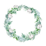 Fototapeta  - watercolor illustration, christmas wreath with spruce, pine, eucalyptus branches, berries, cotton, christmas gingerbread and succulent