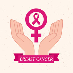 Sticker - hands with pink ribbon, symbol of world breast cancer awareness month vector illustration design