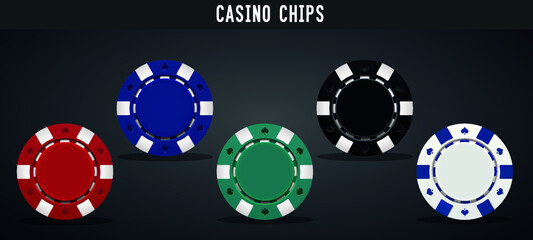 Red Blue Green and Black White casino Chips Isolated On black Background. Casino game chips