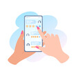 © YuliiaKutsaieva - Online review. A hand holds a phone and giving feedback using the mobile app. Reviews of people on the smartphone screen. Vector illustration