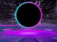 Luminous Circle. Synth Wave, Retro Wave, Vaporwave Futuristic Aesthetics. Glowing Neon Style. Horizontal Wallpaper, Background. Stylish Flyer For Ad, Offer, Bright Colors And Smoke Neoned Effect.