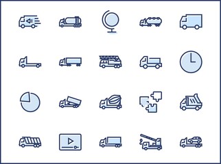 Wall Mural - Truck Set of Transport Vector Line Icons. Contains such Icons as Truck, Transportation, Tow Truck, Cranes, Mixer, Garbage Truck, Manipulators, Delivery service and more. Editable Stroke. 32x32 Pixel