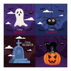 Poster - set banners of happy halloween celebration vector illustration design