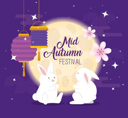 Canvas Print - chinese mid autumn festival with rabbits, flowers and lanterns hanging vector illustration design