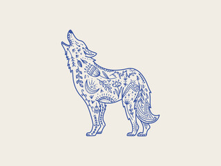 Scandinavian folk animal in line style. Wolf with ornate decoration, symbols, floral pattern. 