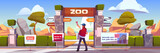 Protest to stop animal abuse, activist with banner strike against zoo and cruelty to pets. Man holding agitation poster at park entrance with pointer to cages, save nature cartoon vector illustration