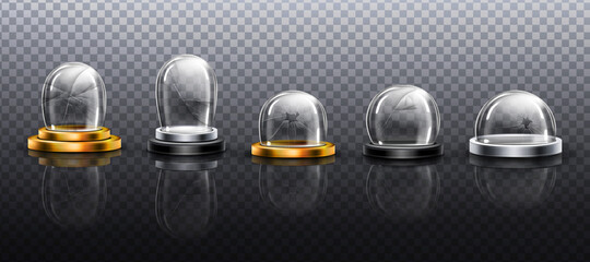 Poster - Broken glass domes on metal, gold and silver podium. Vector realistic mockup of empty clear acrylic bell jar with cracks and fracture. Damaged snow balls isolated on transparent background