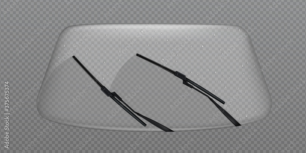 Car wiper clean windscreen, glass windshield with rain drops, automobile front window automatic cleaner, vehicle washing isolated on transparent background, Realistic 3d vector illustration, clip art - obrazy, fototapety, plakaty 