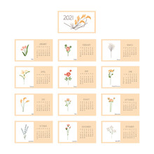 Floral Calendar 2021, Calla Lilies And Freesia And Peony And Lavender, Vector Illustration