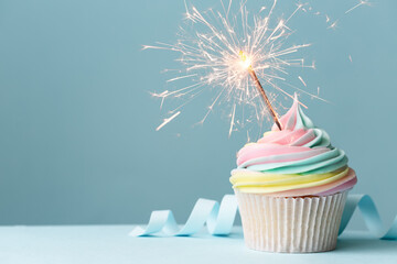 Canvas Print - Rainbow birthday cupcake with sparkler