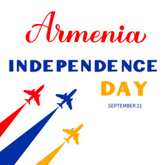 Wall Mural - Armenia Independence Day calligraphy hand lettering with airplanes and air show. Armenian holiday celebrated on September 21. Vector template for typography poster, banner, greeting card, flyer, etc