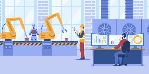 Poster - Industry concept with workers on an assembly plant watched by a foreman in a control room, colored vector illustration