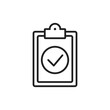 © Andrii - Thin line clipboard icon with outline check mark on it. Agenda priority checklist board conceptual vector illustration. Tick checkmark on an abstract paper report page. Contract policy verification V5