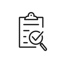 Policy Compliance Icon With Checklist Verification With Loupe. Quality Control Result Check On Paper Form With Clipboard. Outline Business Audit Report Document With Checkmark. Editable Line Vector V4