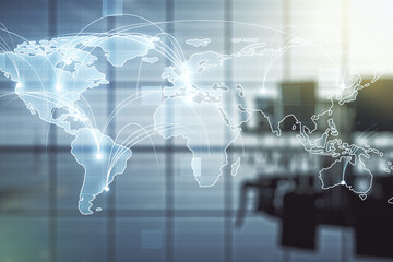 Poster - Abstract graphic digital world map hologram with connections on a modern coworking room background, globalization concept. Multiexposure