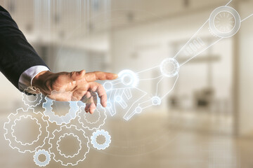 Aufkleber - Man hand clicks on abstract virtual robotics technology hologram on blurred office background. Robot development and automation concept. Multiexposure