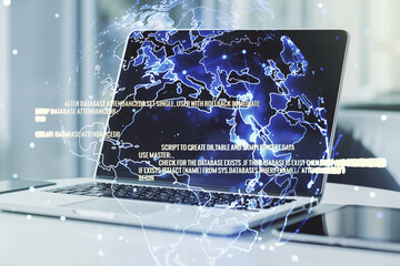 Poster - Multi exposure of abstract programming language hologram with world map on computer background, artificial intelligence and neural networks concept