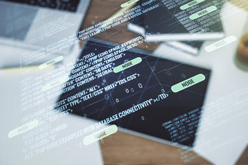 Poster - Double exposure of abstract creative programming illustration and modern digital tablet on background, big data and blockchain concept