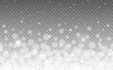 Poster - Bokeh lights with white snow flakes. Defocused particles on transparent background. Christmas falling snowflakes template. Greeting card layout. Vector illustration
