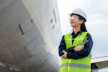 Asian woman engineer maintenance airplane arm crossed and holding wrench in front airplane from repairs, fixes, modernization and renovation in airport..